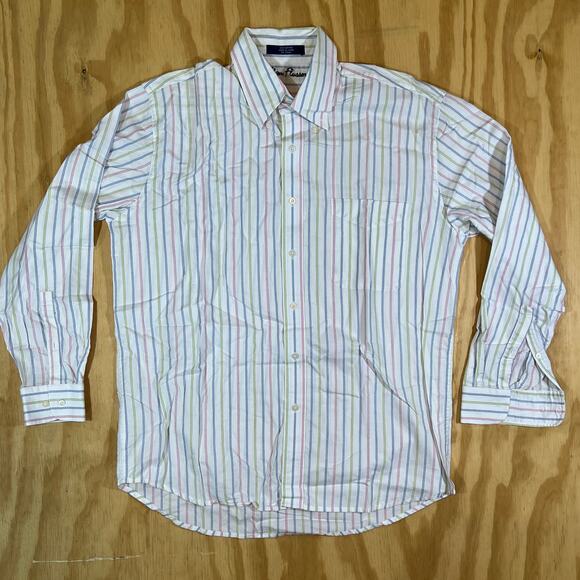 Alan Flusser Long Sleeve Button-Down Shirt White w/ Pastel Stripes Mens Large - Picture 4 of 9